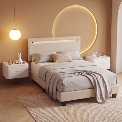 Bealife BF27 Bed - 90 x 200 cm - LED-verlichting - Hoofdbord en lattenbodem - Beige