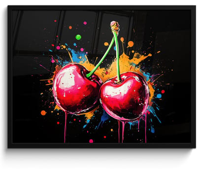 Poster in lijst - Fotolijst 70x50 cm - Posters - Kersen - Fruit - Graffiti - Verf - Abstract - Modern - Kleurrijk - Posterlijst zwart - Decoratie - Wanddecoratie woonkamer - Muurdecoratie slaapkamer