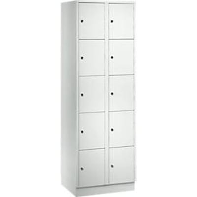 Vakkenkast 300 mm, 2 compartimenten, 10 vakken, veiligheidscilinderslot, sokkel, lichtgrijs