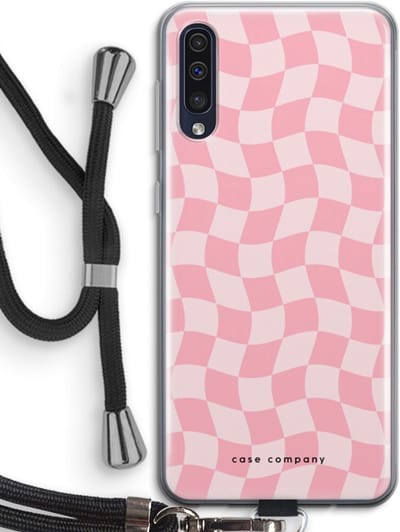 Case Company® - Hoesje met koord geschikt voor Samsung Galaxy A50 hoesje met Koord - Grid Roos - Telefoonhoesje met Zwart Koord - Bescherming aan alle Kanten en Over de Schermrand