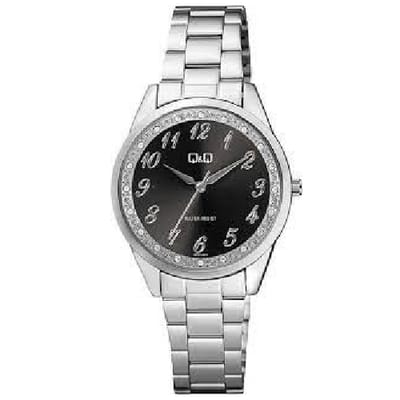 Q&Q QC07J205Y - Horloge - Analoog - Dames - Vrouwen - Stalen band - Rond - Metaal - Cijfers - Zilverkleurig - Zwart - Sprankelend - 3 ATM