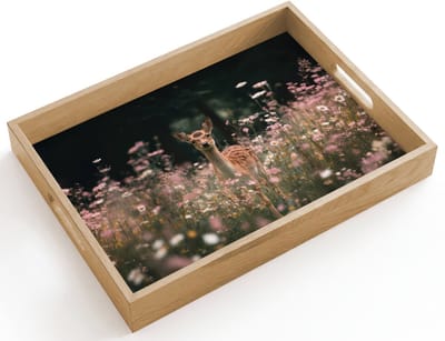 Dienblad hout 40x30 cm - Schootdienblad - Hert - Wilde bloemen - Bos - Borrelplank rechthoek - Plateau dienbladen