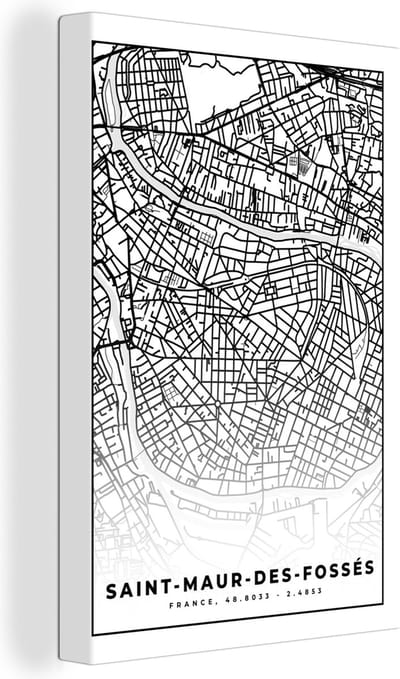 Canvas Schilderij Frankrijk - Kaart - Plattegrond - Stadskaart - Saint-Maur-des-Fossés - Zwart wit - 20x30 cm - Wanddecoratie