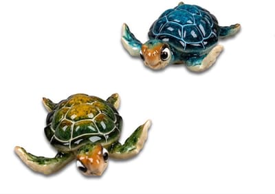 Schildpad - 2 set - Zwemmend - Decoratie - Groen - Blauw - Beeld - 10.5x10x5cm - Keramiek