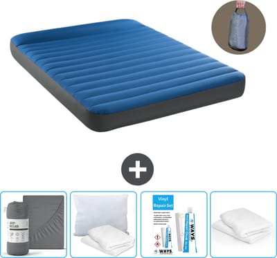 Intex Luchtbed - 2-Persoons - 152 x 203 x 22 cm - Blauw - Inclusief pomp - Hoeslaken - Kussen - Reparatieset en Kussenbeschermer