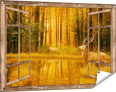 Gards Tuinposter Doorkijk Twee Herten in het Bos bij het Water - 120x80 cm - Tuindoek - Tuindecoratie - Wanddecoratie buiten - Tuinschilderij