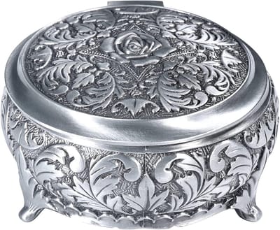 Sieradendoos Vrouwen - Juwelendoosje Opslag - Sieraden Opbergen - Klassiek Rose Design - 12x12x6 cm - Vintage Zilver