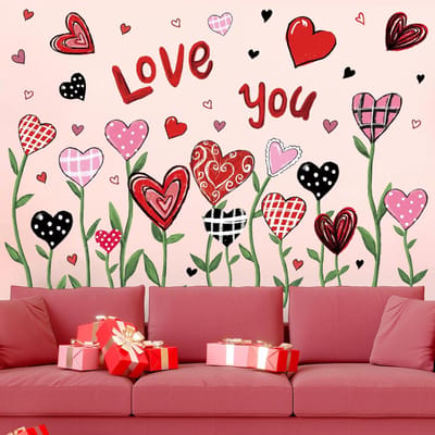 MDUG Muurstickers voor Valentijnsdag - Hart en Bloem - Raamdecoratie - Valentijnsdagversiering - Rode Hartstickers - Rode en Roze PVC Muurstickers, geschikt voor huwelijksjubilea, thuis, in de klas en op kantoor