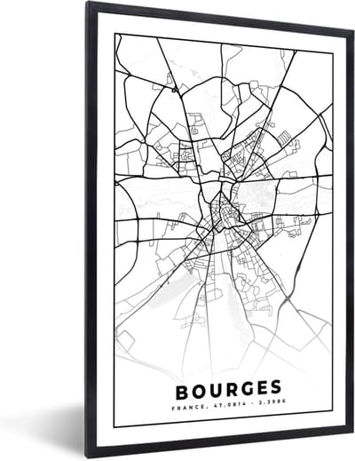 Fotolijst incl. Poster Zwart Wit- Stadskaart - Plattegrond - Bourges - Kaart - Frankrijk - Zwart wit - 40x60 cm - Posterlijst