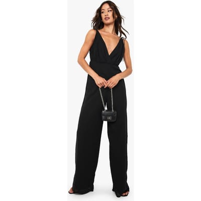 boohoo Dames Lange Chiffon jumpsuit met bandjes en wijde pijpen | Black | Maat: 8