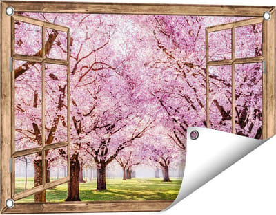 Gards Tuinposter Doorkijk Roze Bloesembomen Park - Bloemen - 60x40 cm - Tuindoek - Tuindecoratie - Wanddecoratie buiten - Tuinschilderij