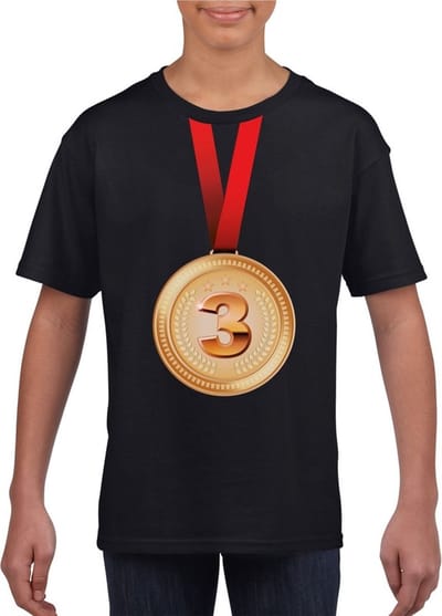Bronzen medaille kampioen shirt zwart jongens en meisjes - Winnaar shirt Nr 3 kinderen 110/116