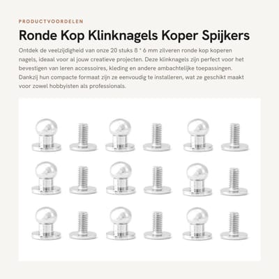 Dailygoods- Klinknagel 8*6mm - 20 Stuks - Ronde Kop - Koperen Spijkers - Decoratie Accessoires - Fijn Vakmanschap - Studs