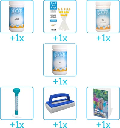Zwembad Onderhoudspakket - Onderhoud Zwembad - bevat Chloor - Testrips - PH-min - PH-plus - Thermometer - Scrubborstel en Zwembadgids (7-delig)
