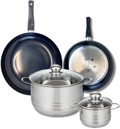 Set van 2 Koekenpannen 24 en 28 cm en 2 kookpotten 16 en 24 cm Elo Prima Glanzend