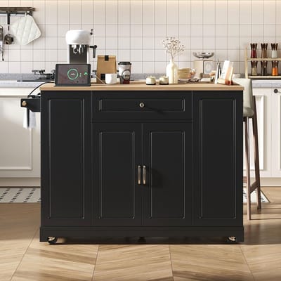 BLACKCOLORS Keukeneiland op wieltjes, keukeneiland met uitschuifbare eethoek, multifunctionele lades en afvalbakcompartiment, verrijdbaar keukeneiland, ideaal voor de keuken en eetkamer (zwart)