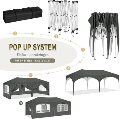Varnox Partytent - Feesttent - Tent - Paviljoen tent - Inklapbare partytent - Pop-up partytent - Tuin tent - Buiten tent - Tuinluifel - Waterdicht - Afsluitbaar - UV Bescherming - Losse zijkanten - Hoogte verstelbaar - 6x3 meter - Grijs