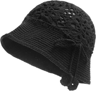 ZLYC Dames Zomer Gehaakte Bucket Hat - Katoen, Handgemaakt, Bloemenpatroon, Zwart