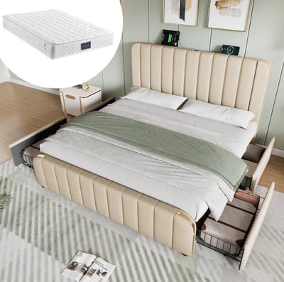 STILVORA Gestoffeerd Bed 140x200 cm – Tweepersoonsbed Met USB En USB-C Laadfunctie – 4 Lades En Lattenbodem – Zonder Matras – Beige