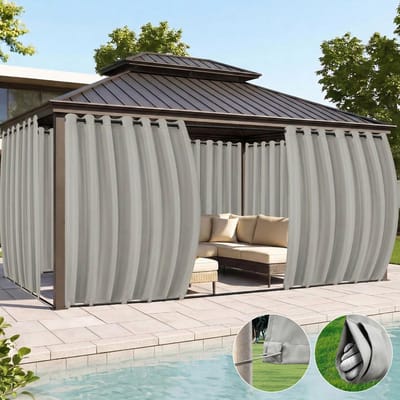 Qelus Extra Breed Buitengordijn Winddicht & Waterdicht - Outdoor Gordijn met Oogjes (Boven) en Anti-wind Lussen (Onder) - Weerbestendig voor Pergola - 180x213cm - Lichtgrijs - 1 Stuk