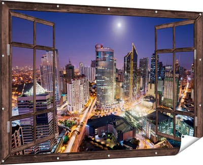 Gards Tuinposter Doorkijk Makati Stad Skyline in de Nacht in Thailand - 180x120 cm - Tuindoek - Tuindecoratie - Wanddecoratie buiten - Tuinschilderij