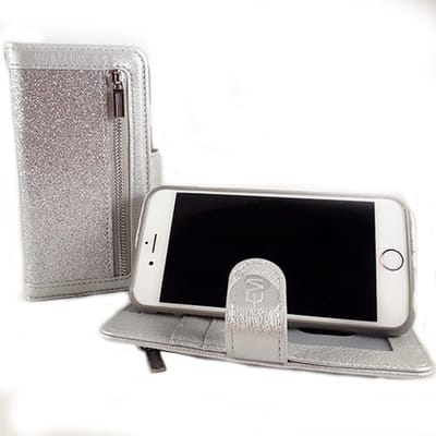HEM Lederlook Hoesje Geschikt Voor Apple iPhone 12 En 12 Pro – Magic Glitter Shiny Silver (Zilver) Portemonnee Telefoonhoesje Met Rits