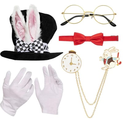 PESENAR Wit Konijn Kostuum Set Mad Hatter Hoed Konijnenoren Topper Pluche Hoed voor Halloween Accessoires Set