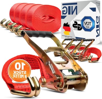 Spanbanden Set - Sjorbanden Ratelbanden - Lading Zekeren - TUV GS Gecertificeerd - 8 Meter 50mm - Rood