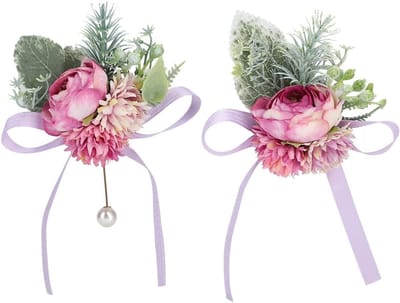 Bruiloft Decoratie Set - Polsbloem Corsage - Feestelijke Aankleding - Handgemaakt Design - 12x8 cm - Lichtpaars