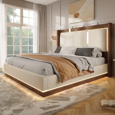 HAUSS SPOLE Gestoffeerd Bed 140x200 cm - Tweepersoonsbed Met LED En Opbergruimte - Hydraulisch Zonder Matras - Linnen - Beige