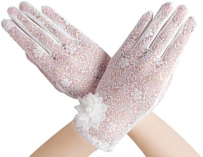 Dailygoods - Handschoenen en wanten voor dames, 1 paar bloemenkanten handschoenen, korte handschoenen, elegant, zonwering, elastisch, UV-rijhandschoenen voor bruiloft, opera, diner, Halloween (wit)