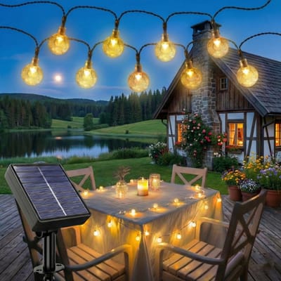 MUPOO Solar Lichtsnoer Buiten IP44 50 LEDS - Geheugenfunctie - Automatisch aan- 8 Lichtmodi - Prikkabel- Lampjes Slinger -Tuinverlichting op Zonne-energie-- Feestverlichting voor Tuin, Feest, Terras - 9.5 Meter - Warm Wit
