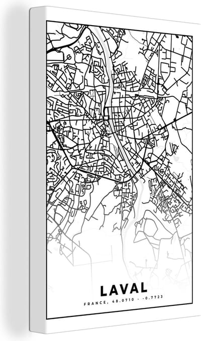 Canvas Schilderij Kaart - Plattegrond - Laval - Frankrijk - Stadskaart - Zwart wit - 20x30 cm - Wanddecoratie