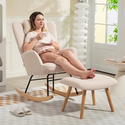 Schommelstoel - Fauteuil Met Hocker - Ergonomische Hoge Rugleuning Met Hoofd En Lendenkussen - Voor Woonkamer En Leeshoek - Fleece Beige