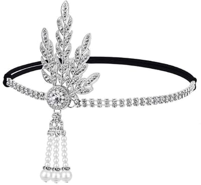 Roaring Flapper-hoofdband voor dames uit de jaren 20 – versierd met bladsteentjes en parelkwast (zilver)