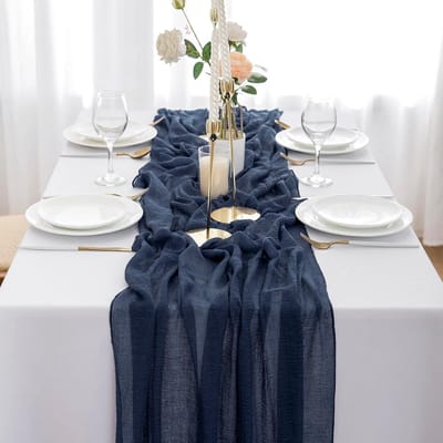 Mousseline Tafelloper Donkerblauw 4m x 80cm - Elegante en Duurzame Tafeldecoratie