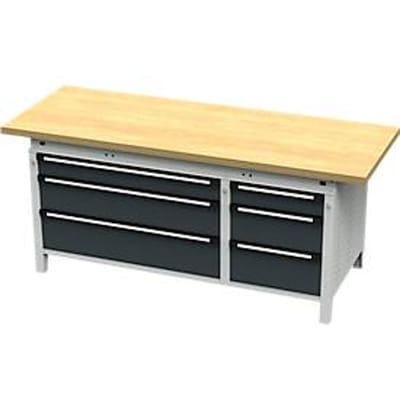 Otto Kind brede werkbank type 425, multiplexplaat van beukenhout, met overhang, tot 1400 kg, B 2004 x D 750 x H 850 mm, staal, centrale vergrendeling, lichtgrijs/antracietgrijs