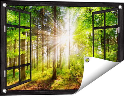 Gards Tuinposter Doorkijk Bos met Zon tussen de Bomen - 60x40 cm - Tuindoek - Tuindecoratie - Wanddecoratie buiten - Tuinschilderij