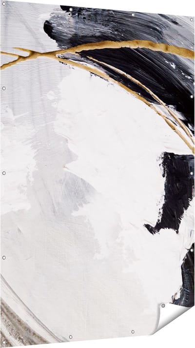 Gards Tuinposter Abstracte Kunst - Wit met Zwart en Goud - 120x180 cm - Tuindoek - Tuindecoratie - Wanddecoratie buiten - Tuinschilderij