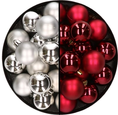 32x stuks kunststof kerstballen mix van zilver en donkerrood 4 cm - Kerstversiering