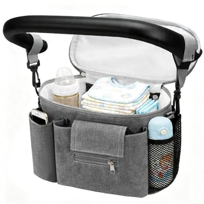 JeiibrZui Universele Kinderwagen Organizer - Verstelbare Buggy Tas met Fles- en Telefoonvak - Zwart - 1 Stuks - Waterdicht Oxford Doek voor Wandelen en Reizen