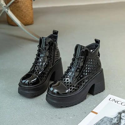 Sandaal Laarzen voor Dames met Dikke Hakken en Dikke Zolen 10cm Verhoogd Echt Leer Korte Laarzen Holle Casual Laarzen Veters 37 zwart