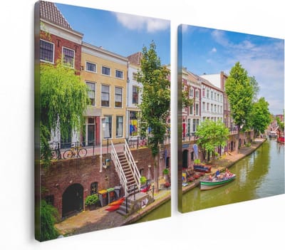 Artaza Canvas Schilderij Tweeluik Huisjes Aan De Oudegracht In Utrecht - 120x80 - Foto Op Canvas - Canvas Print