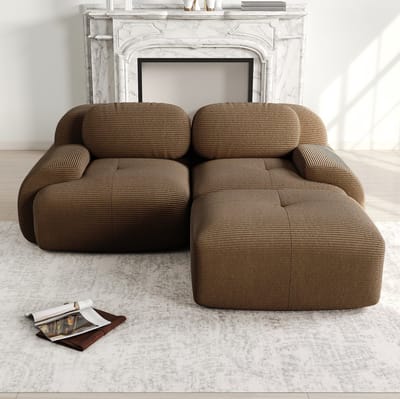 DESMIU Hoekbank 208 x 178 x 75 Cm - Modulair Zonder Montage Met Gebogen Armleuningen - Voor Woonkamer En Slaapkamer - Corduroy - Bruin