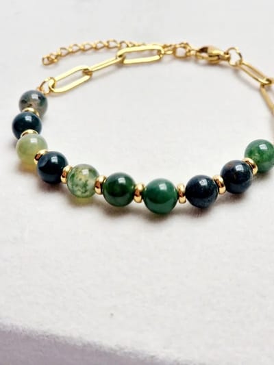 Schakel armband met Mos agaat stenen - goudkleurig Stainless Steel - Groene half edelstenen - Paperclip schakel - Dames armband