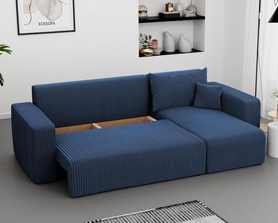 Hoekbank met slaapfunctie en bedlade – 3-zits slaapbank in blauw corduroy – Luxe hoekbank met opbergruimte, uitklapbaar bed & Nosag vering – Model Comforto Poso – Novihome