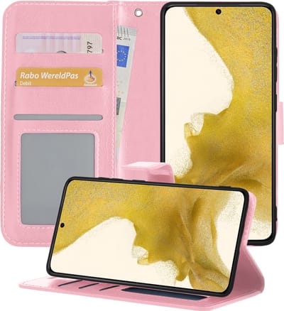 Hoesje - Met Pasjeshouder - Geschikt voor Samsung Galaxy S22 - Luxe Bookcase Portemonee - Flip Case - Kunstleer Book Case - Flipcase - Book Cover - Walletcase - Portemonneehoes - Telefoonhoesjes - Lichtroze