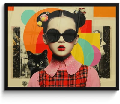 Poster in lijst - Fotolijst 80x60 cm - Posters - Meisje - Zonnebril - Kat - Retro - Posterlijst zwart - Decoratie - Wanddecoratie woonkamer - Muurdecoratie slaapkamer