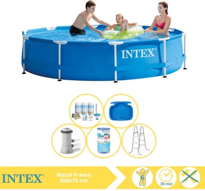 Intex Rond Frame Zwembad - 366 x 76 cm - Blauw - Inclusief Pomp - Onderhoudspakket - Filter - Ladder - Voetenbad - 6-delig