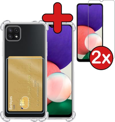 Hoesje - Geschikt voor Samsung Galaxy A22 5G - Met 2x Screenprotector - Pashouder - Kaarthouder - Back Cover - Telefoon Hoes Shockproof - Siliconen Case - Shock Proof - Pasjes Houder - Telefoonhoes - Transparant